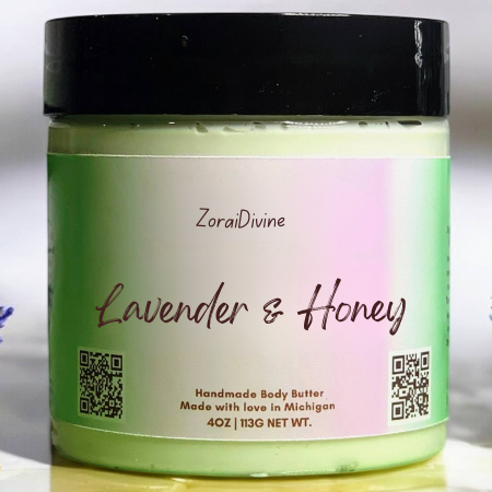 Jar of ZoraiDivine Lavender & Honey body butter on a white background