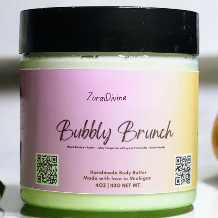 ZoraiDivine Bubbly Brunch body butter jar with a black lid on a white background