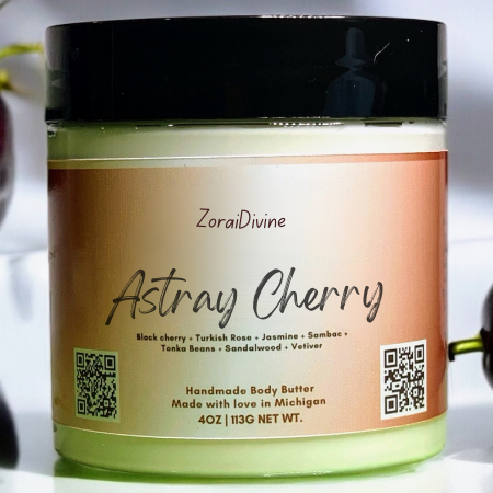 ZoraiDivine Astray Cherry body butter jar with label on a white background