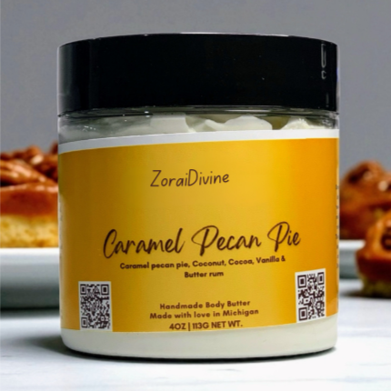 Jar of ZoraiDivine Caramel Pecan Pie body butter with a gray background