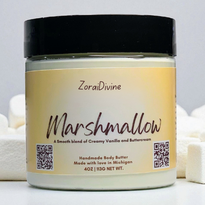 Jar of ZoraiDivine Marshmallow body butter with a black lid on a light background
