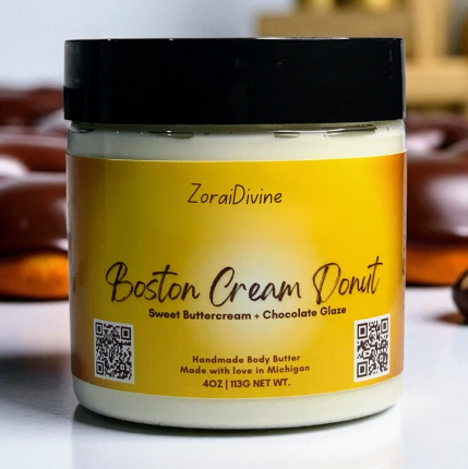 Jar of Boston Cream Donut body butter with a yellow label on a white background