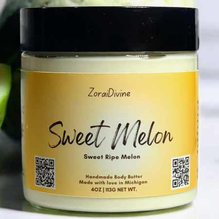 Jar of ZoralDivine Sweet Melon body butter with a black lid on a white background