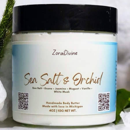 Jar of Sea Salt & Orchid body butter on a light background.