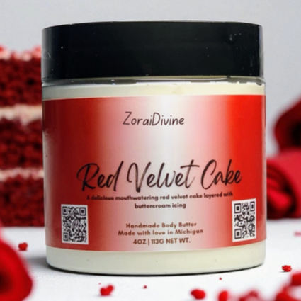 ZoraiDivine Red Velvet Cake body butter jar with red velvet cake pieces in the background