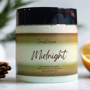 Jar of ZoraiDivine Midnight body butter on a light background