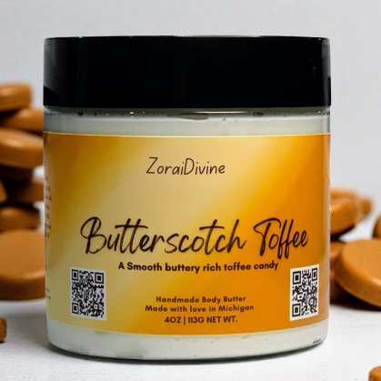 Jar of ZoraiDivine Butterscotch Toffee body butter with cookies in the background