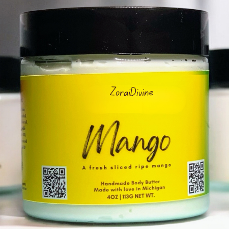 Jar of Mango body butter on a white background.