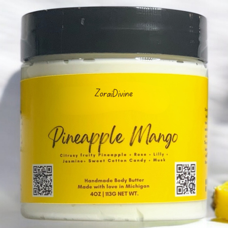 Jar of ZoraiDivine Pineapple Mango body butter on a white background