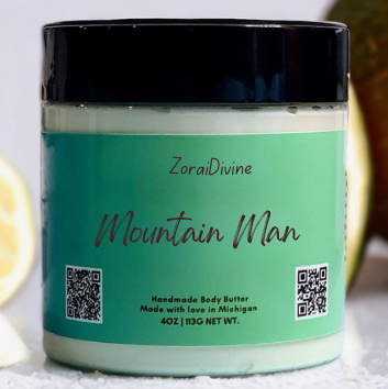 ZoraiDivine Mountain Man body butter jar  on a blurred background