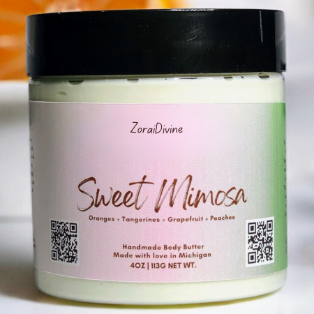 Jar of ZoraiDivine Sweet Mimosa body butter with a pink label.