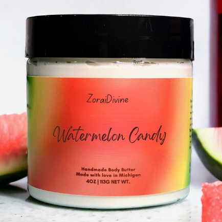 Jar of 'Watermelon Candy' body butter with watermelon slices and a bottle in the background.