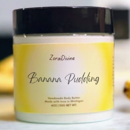 Jar of ZoraiDivine Banana Pudding body butter with a blurred background