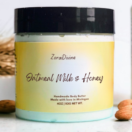 Jar of ZoraiDivine Oatmeal Milk & Honey body butter on a light background