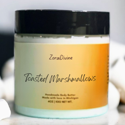 Jar of ZoraiDivine Toasted Marshmallows body butter on a white background