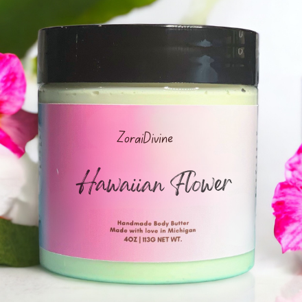 Jar of ZoraiDivine Hawaiian Flower body butter with pink label and black lid.