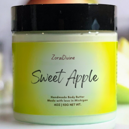 Jar of ZoraiDivine Sweet Apple body butter with a black lid.
