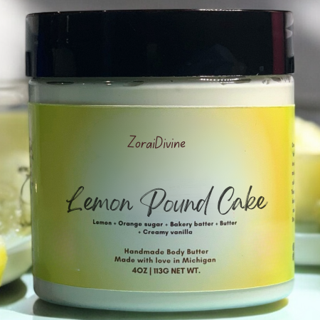 Jar of ZoraiDivine Lemon Pound Cake body butter with a black lid.