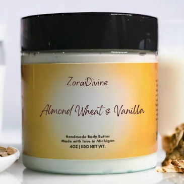 Jar of ZoraiDivine Almond Wheat & Vanilla body butter on a white background