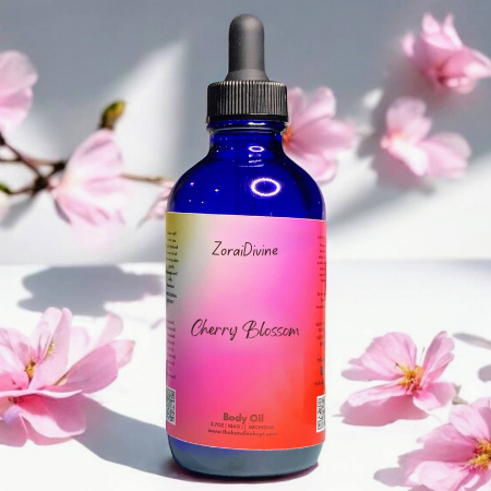 Bottle of ZoraiDivine Cherry Blossom body oil with pink flowers in the background
