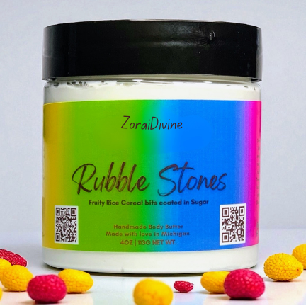 Jar of 'Rubble Stones' with colorful label and surrounding fruity pebbles cereal  on a light background