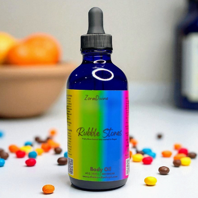 Bottle of ZoraiDivine Rubble Stones on a surface with fruity pebbles cereal in the background