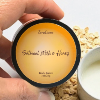 ZoraiDivine Oatmeal Milk & Honey body butter with ingredients in the background