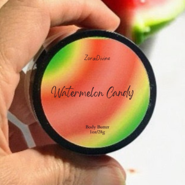 Hand holding a container labeled 'Watermelon Candy' body butter with a watermelon in the background.
