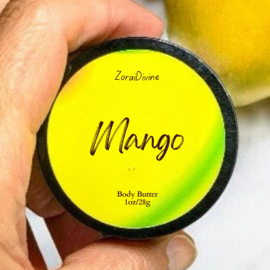 Hand holding a ZoraiDivine Mango body butter container on a white background