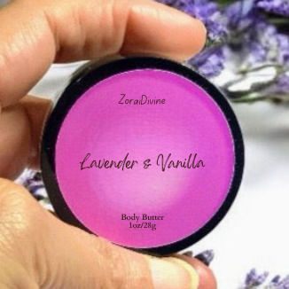 Hand holding a container labeled 'Lavender & Vanilla' body butter with lavender flowers in the background