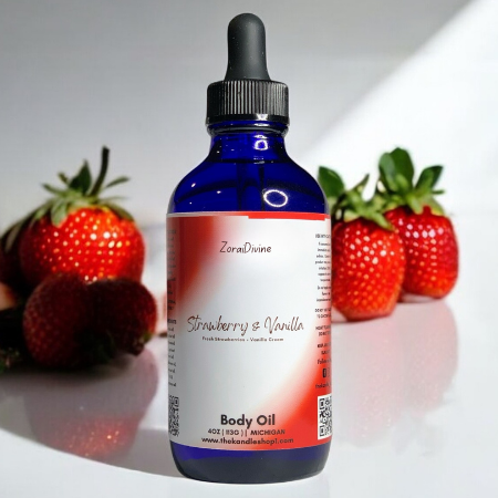 Bottle of strawberry and vanilla body oil with strawberries on a white background