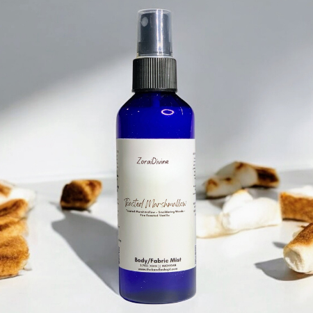 Body mist Toasted marshmallow on a white background with toasted marshmallows.