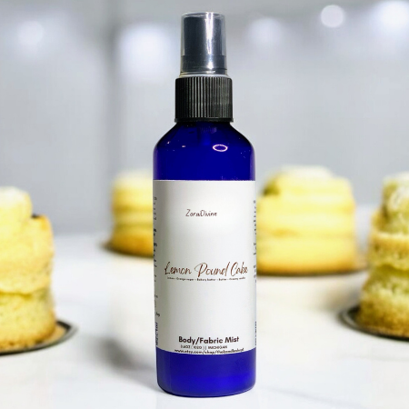Body mist Lemon pound cake on a white countertop with fluffy lemon cakes on the background.