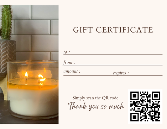 Gift certificate with a candle and QR code on a white background