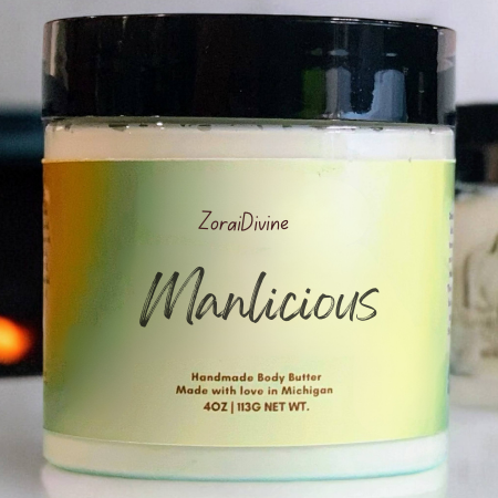 Jar of ZoraiDivine Manlicious handmade body butter with a black lid.